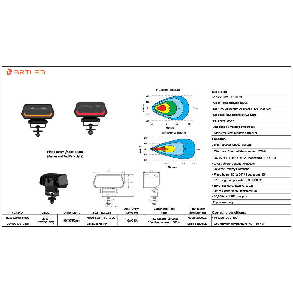 BRT Moonstone Mini 60W Red/Amber DRL Yellow Work Light Kit